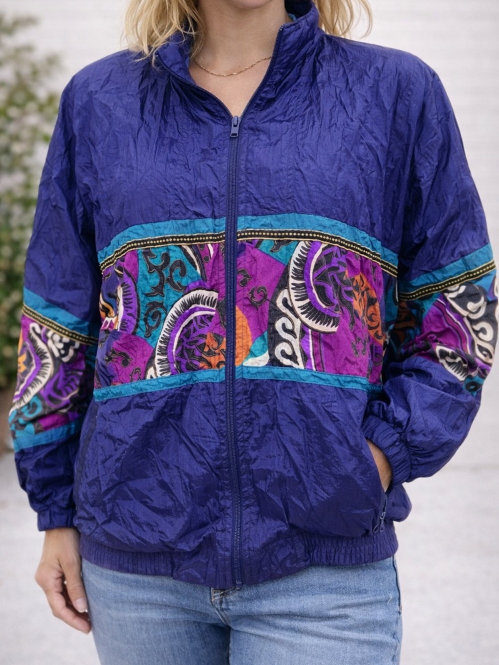 Vintage 90s Purple Bomber Jacket with Stand-Up Collar and Bold Pattern